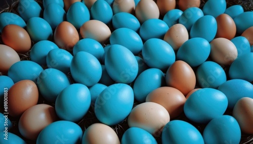  a bunch of blue and brown eggs sitting on top of each other in a basket on top of a table next to a pile of other blue and brown eggs.