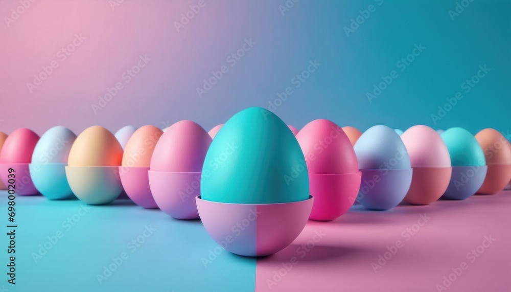 a row of pastel colored eggs sitting on top of a blue and pink background with one egg in the middle of the row and the row in the middle of the row. a row of pastel colored eggs sitting on top of a blue and pink background with one egg in the middle of the row and the row in the middle of the row.