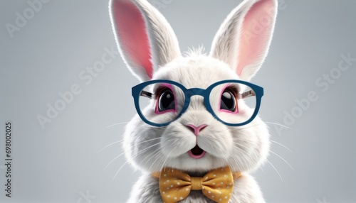  a white rabbit wearing glasses and a bow tie with a yellow polka dot bow tie on it's chest and wearing a yellow polka dot bow tie and blue glasses.