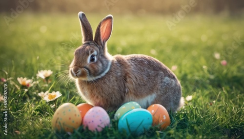  a rabbit sitting in the grass next to a group of easter eggs in front of a field of daisies with daisies in the foreground and a blurry background.