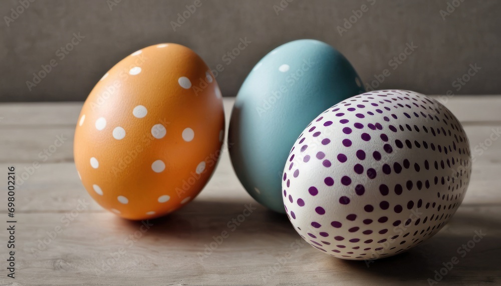 a group of three eggs sitting on top of a wooden table with polka dot designs on one of the eggs and one of the eggs has a white dot pattern on the side. a group of three eggs sitting on top of a wooden table with polka dot designs on one of the eggs and one of the eggs has a white dot pattern on the side.