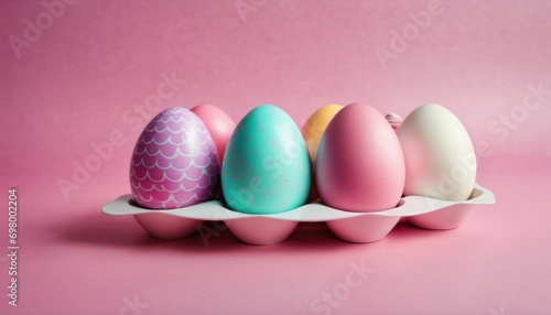  a row of colored eggs sitting on top of a white plate on a pink surface with a pink wall in the background of the photo and a pink background.