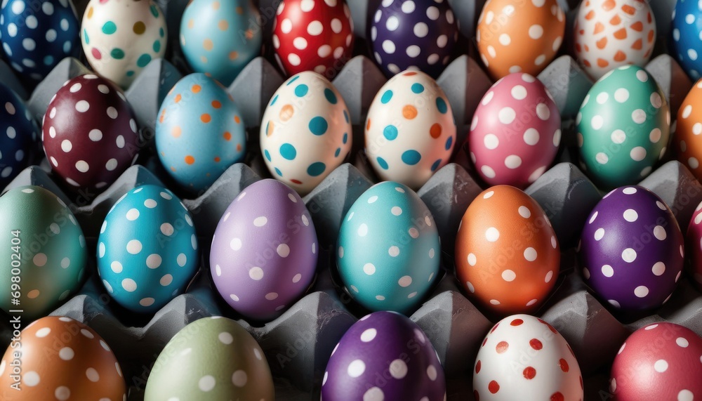  a close up of a bunch of eggs in an egg carton with polka dot designs on the eggshells and one egg in the middle of the carton.