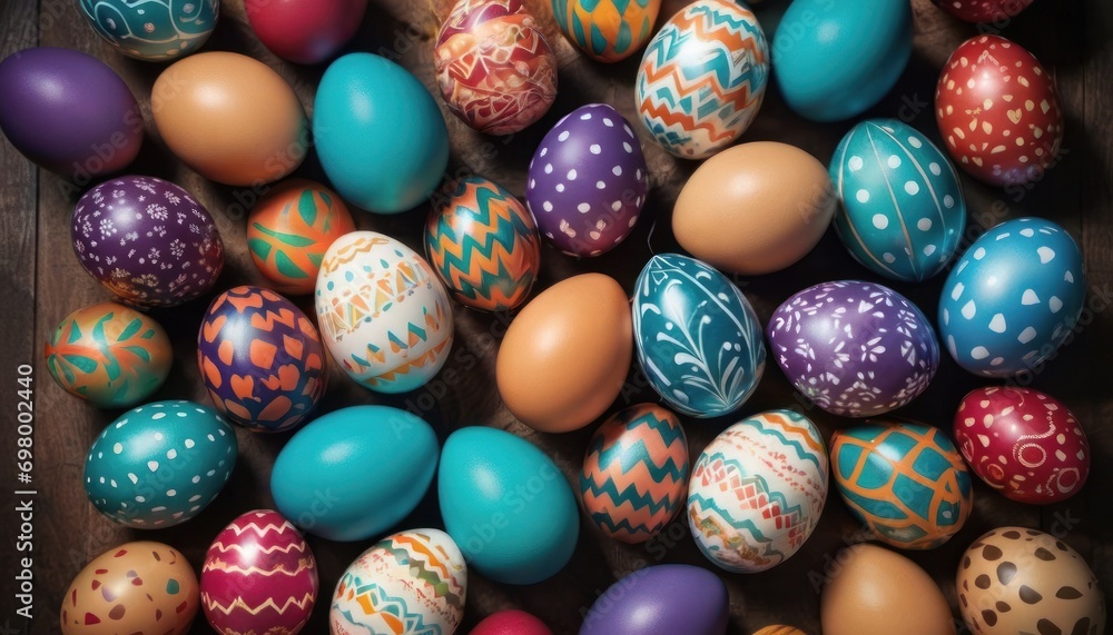a wooden box filled with lots of different colored easter eggs on top of a wooden table with white dots on the top of the eggs and a pattern on the side of the top of the eggs. a wooden box filled with lots of different colored easter eggs on top of a wooden table with white dots on the top of the eggs and a pattern on the side of the top of the eggs.