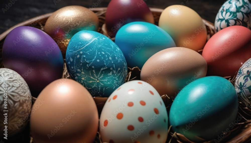 a basket filled with different colored eggs on top of a wooden table next to another basket of colorful eggs on top of a wooden table next to each other basket. a basket filled with different colored eggs on top of a wooden table next to another basket of colorful eggs on top of a wooden table next to each other basket.