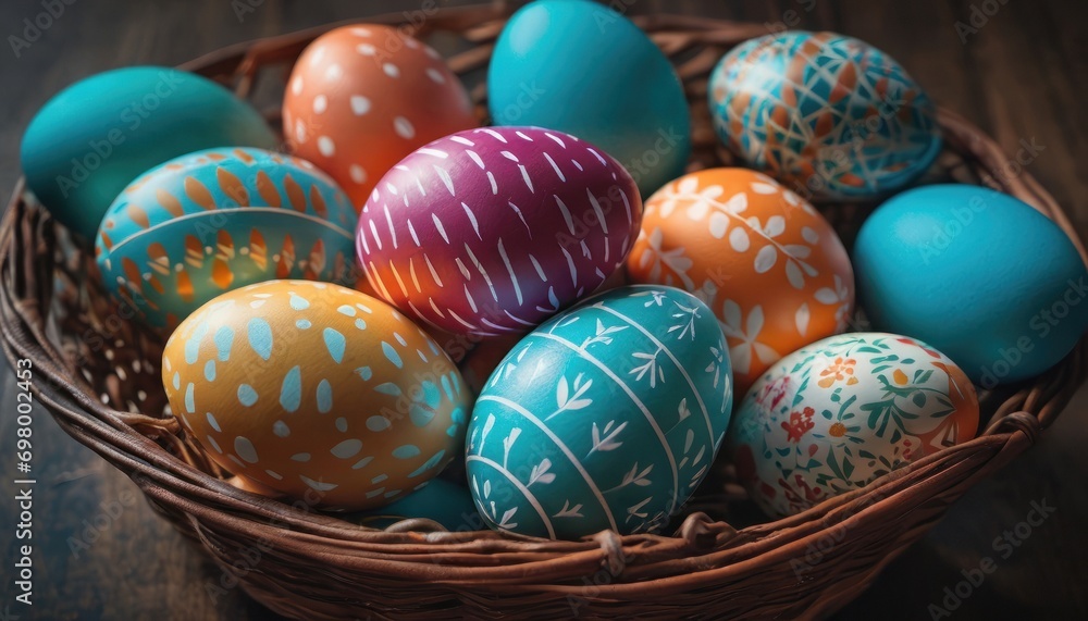 a basket filled with colorful painted eggs on top of a wooden table in front of a wooden table with a wooden table top and a basket of colorful painted eggs. a basket filled with colorful painted eggs on top of a wooden table in front of a wooden table with a wooden table top and a basket of colorful painted eggs.
