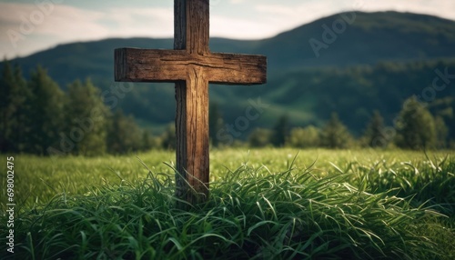  a wooden cross sitting in the middle of a grass covered field with a mountain range in the distance in the distance is a field of green grass, with trees, and mountains in the foreground.