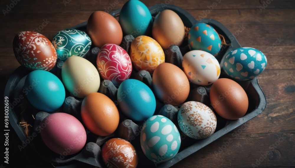 a tray filled with different colored eggs on top of a wooden table in front of a wooden table with a wooden table top and a wooden table with a wooden surface. a tray filled with different colored eggs on top of a wooden table in front of a wooden table with a wooden table top and a wooden table with a wooden surface.