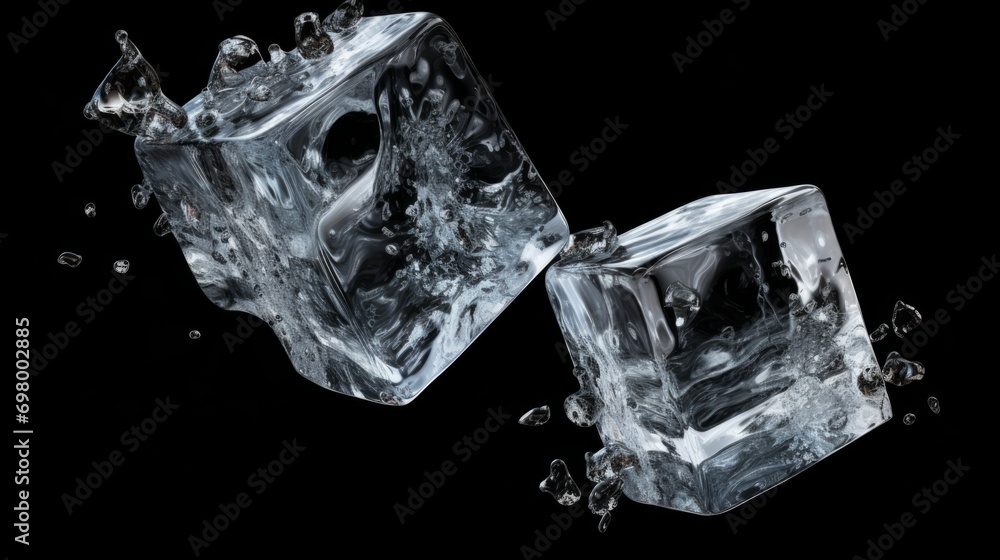 Falling ice cubes on a black background. Frozen water. Falling ice cubes on a black background. Frozen water.