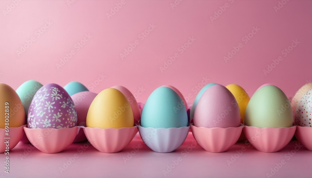 a row of pastel colored eggs with sprinkles sitting in a row on a pink surface in front of a light pink wall with a pink background. a row of pastel colored eggs with sprinkles sitting in a row on a pink surface in front of a light pink wall with a pink background.