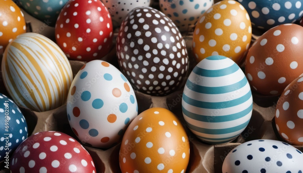  a bunch of different colored eggs in a carton with polka dot designs on one of the eggs and one of the eggs in the cartons has a blue and white polka dot pattern on the other.