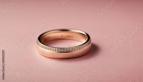  a close up of a wedding ring on a pink surface with a small diamond set in the middle of the ring and a smaller diamond set in the middle of the ring.