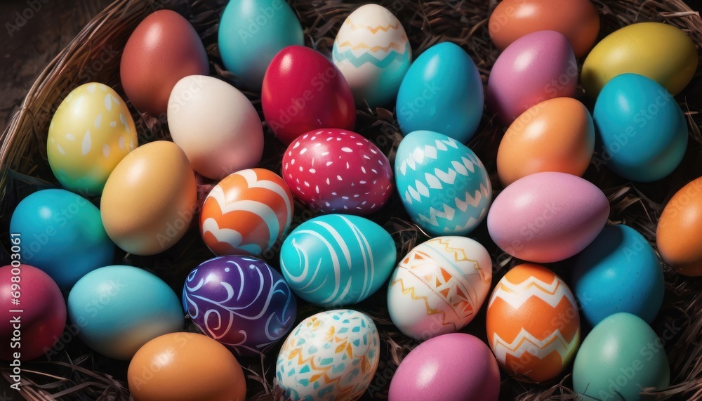  a basket filled with lots of colorfully painted eggs on top of a bed of brown wicker next to another basket of colorfully painted eggs on top of brown wicker.