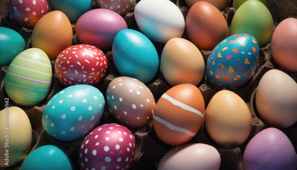  a close up of a bunch of eggs in an egg carton with polka dot designs on the eggs and the eggs in the carton are all different colors of the same pattern.