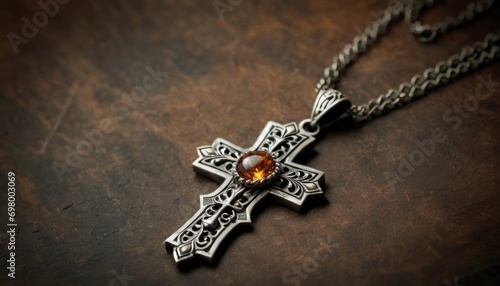  a close up of a cross on a table with a chain hanging off the side of the cross and a stone in the center of the cross on the side of the cross.