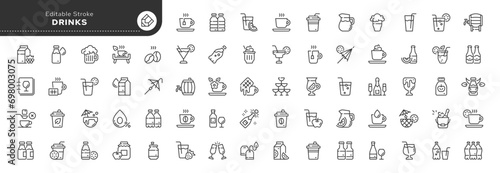 Set of line icons in linear style. Set - Drink. Lemonade, cocktail, wine, cold and hot, carbonated, alcoholic and non-alcoholic drinks. Outline icon collection. Conceptual pictogram and infographic.