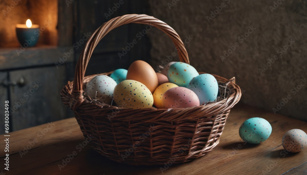 a wicker basket filled with eggs sitting on top of a wooden table next to a lit candle and some candlesticks on the side of a wooden table. a wicker basket filled with eggs sitting on top of a wooden table next to a lit candle and some candlesticks on the side of a wooden table.