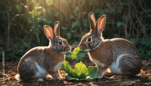  a couple of rabbits sitting next to each other on top of a leafy green leafy plant in front of a forest filled with tall grass and shrubbery. © Jevjenijs