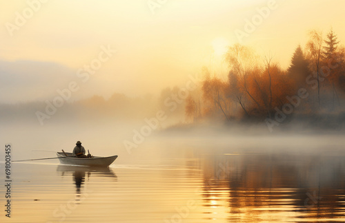 lonely fisherman on a boat on a foggy morning at dawn