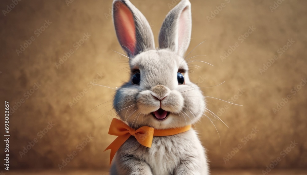  a close up of a stuffed animal with a bow tie around it's neck and a brown background with a white rabbit with blue eyes and orange bow tie.