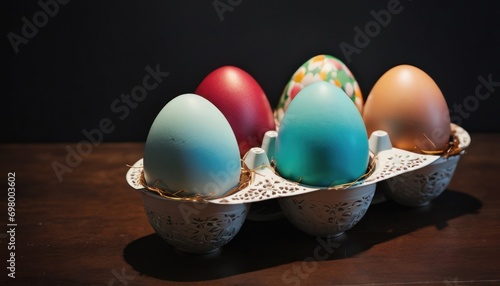  a group of eggs sitting in a carton on top of a wooden table next to another egg in a carton on top of a wooden table with a black background.