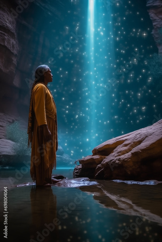  a native seer gazes into a pool reflecting starlight