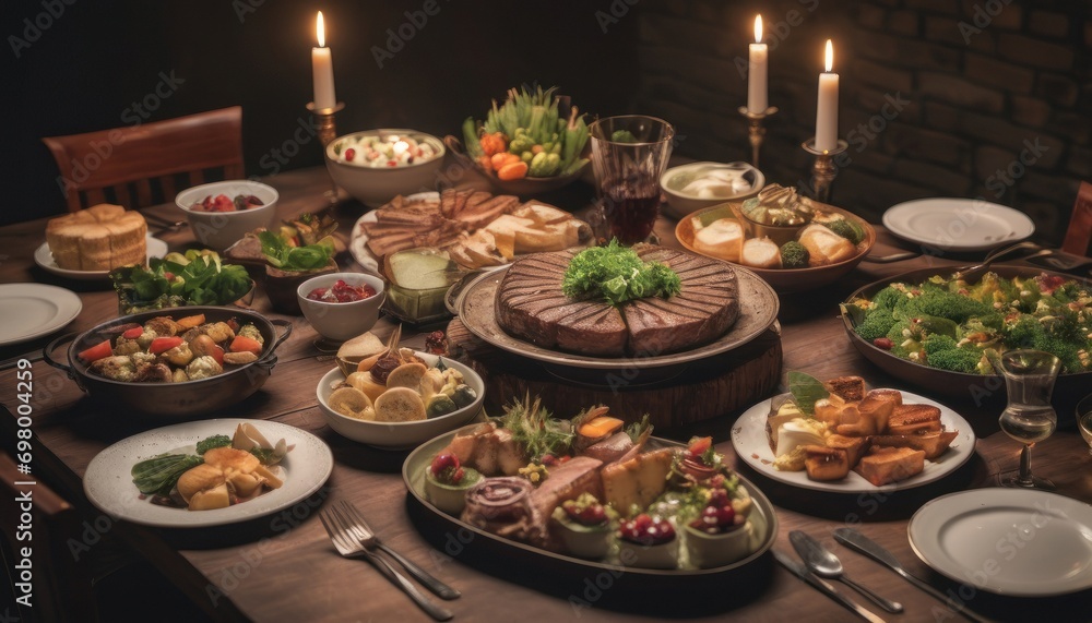  a wooden table topped with lots of plates and bowls of food next to a lit candle and a cake on top of a wooden table covered with lots of plates and bowls of food.