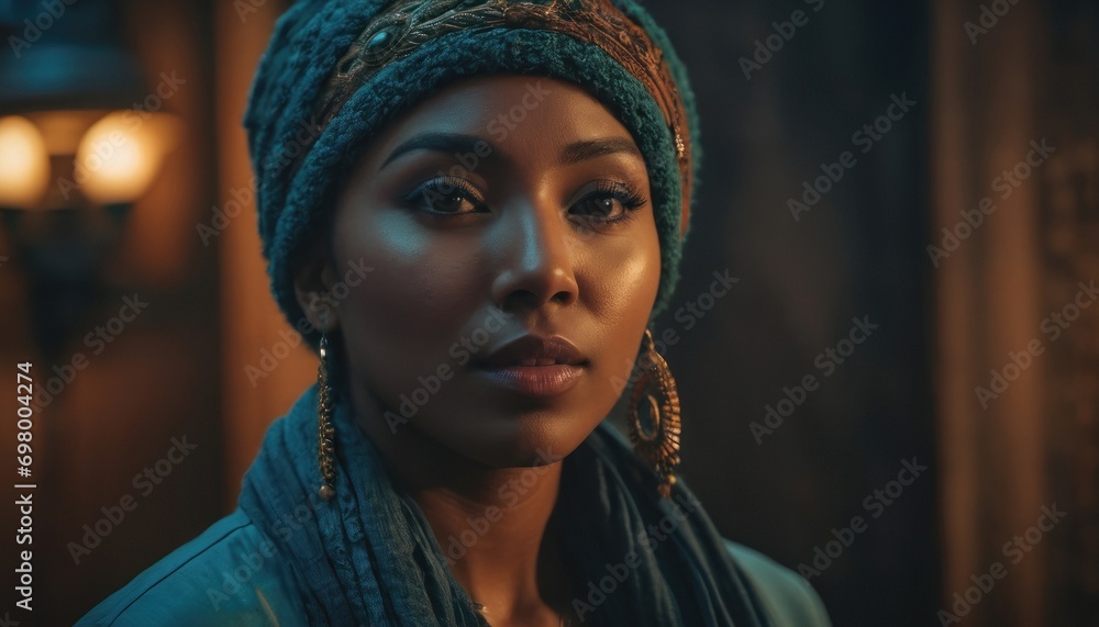 a close up of a person wearing a head scarf and a scarf around her neck and wearing earrings and a scarf around her neck and wearing a scarf around her neck. a close up of a person wearing a head scarf and a scarf around her neck and wearing earrings and a scarf around her neck and wearing a scarf around her neck.