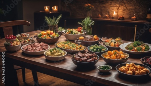  a wooden table topped with lots of bowls filled with lots of different types of food next to a wooden table with a wooden chair and a lit candle in the background.