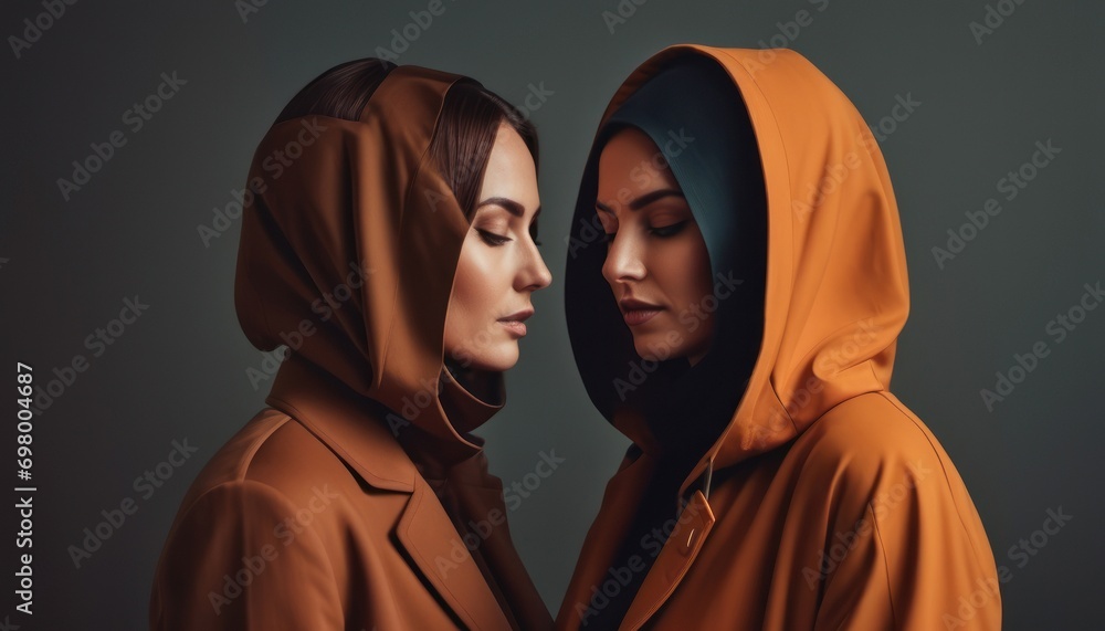 a couple of women standing next to each other in front of a dark background with one wearing a orange hoodie and the other wearing a brown jacket with a hood. a couple of women standing next to each other in front of a dark background with one wearing a orange hoodie and the other wearing a brown jacket with a hood.