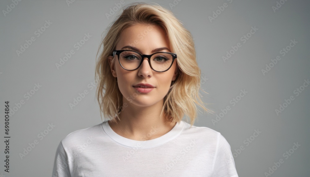 a woman wearing glasses and a white t - shirt is looking at the camera with a serious look on her face as she stands in front of a gray background. a woman wearing glasses and a white t - shirt is looking at the camera with a serious look on her face as she stands in front of a gray background.