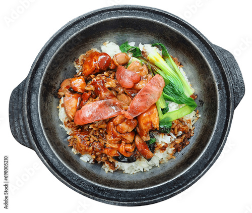 Nga Pou Kai Fan Clay Pot Chicken Rice with Chinese Sausages served in hot plate pot isolated photo