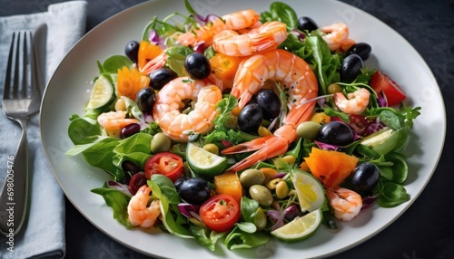  a salad with shrimp, olives, lettuce, tomatoes, and olives on a white plate with a fork next to a knife and a fork.