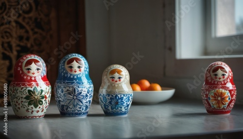  a group of russian nesting dolls sitting on a counter next to a bowl of oranges and a bowl of oranges on the side of a window sill. photo