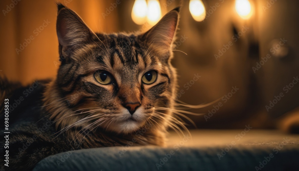  a close up of a cat laying on a couch with a light on the back of it's head and a light on the wall behind it's head.