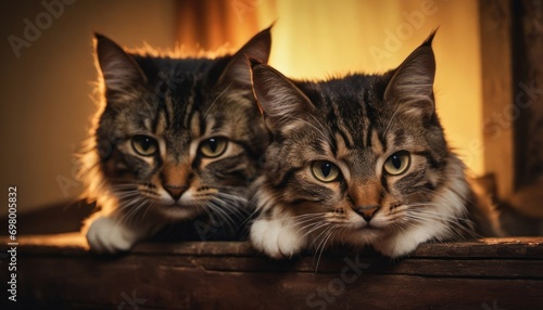  a couple of cats sitting next to each other on top of a wooden table and looking at the camera with a serious look on their face and whisped eyes.