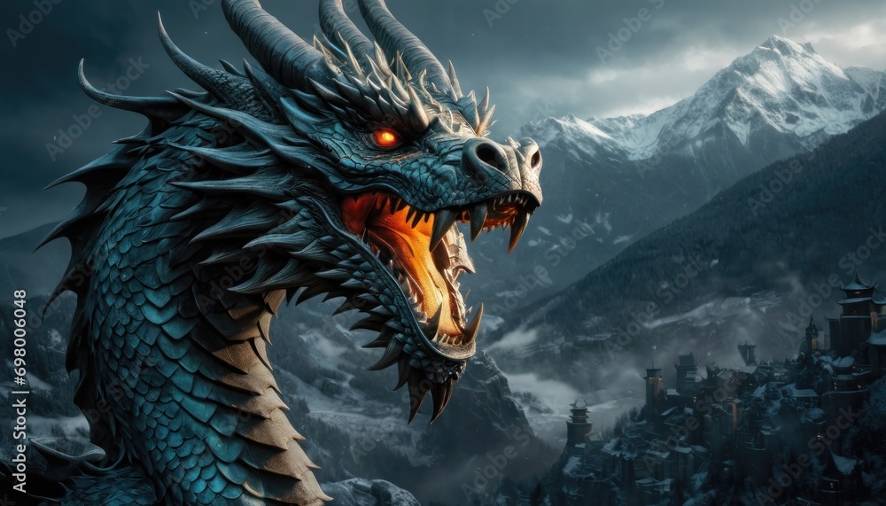 a close up of a dragon in front of a mountain range with a castle in the foreground and a mountain range in the background with snow capped mountains in the foreground. a close up of a dragon in front of a mountain range with a castle in the foreground and a mountain range in the background with snow capped mountains in the foreground.