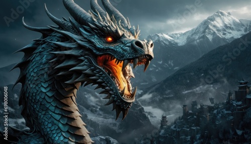  a close up of a dragon in front of a mountain range with a castle in the foreground and a mountain range in the background with snow capped mountains in the foreground.