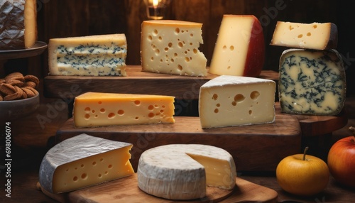  a number of different types of cheeses on a wooden table with a candle in the middle of the picture and a bowl of nuts and an apple in the background.