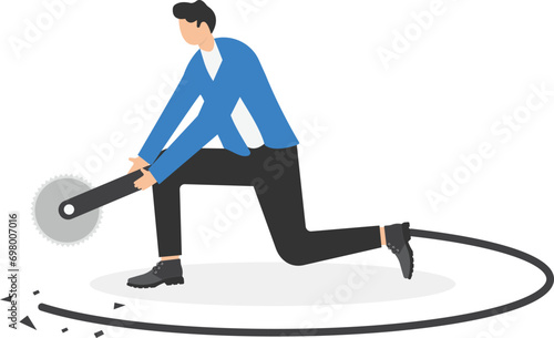 Business or financial mistake, wrong decision or stupidity make problem and situation worst concept, foolish frustrated businessman sawing the floor to self sabotage or make himself fall with failure.