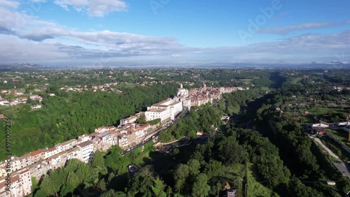 Cinematic aerial establisher stunning ancient Italian city Zagarolo, narrow hill photo