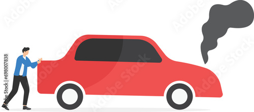 Driver pushing his broken SUV car. Safety driving rules. Keep your vehicle fit to prevent frequent breakdowns.

