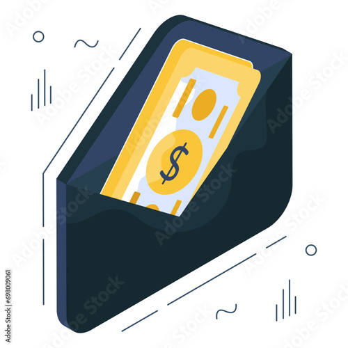 Money envelope icon in isometric design

