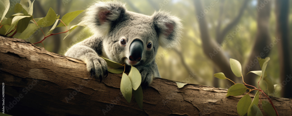 Fototapeta premium Koala on tree in natural habitat. Portrait of koala in sunshine backlight.
