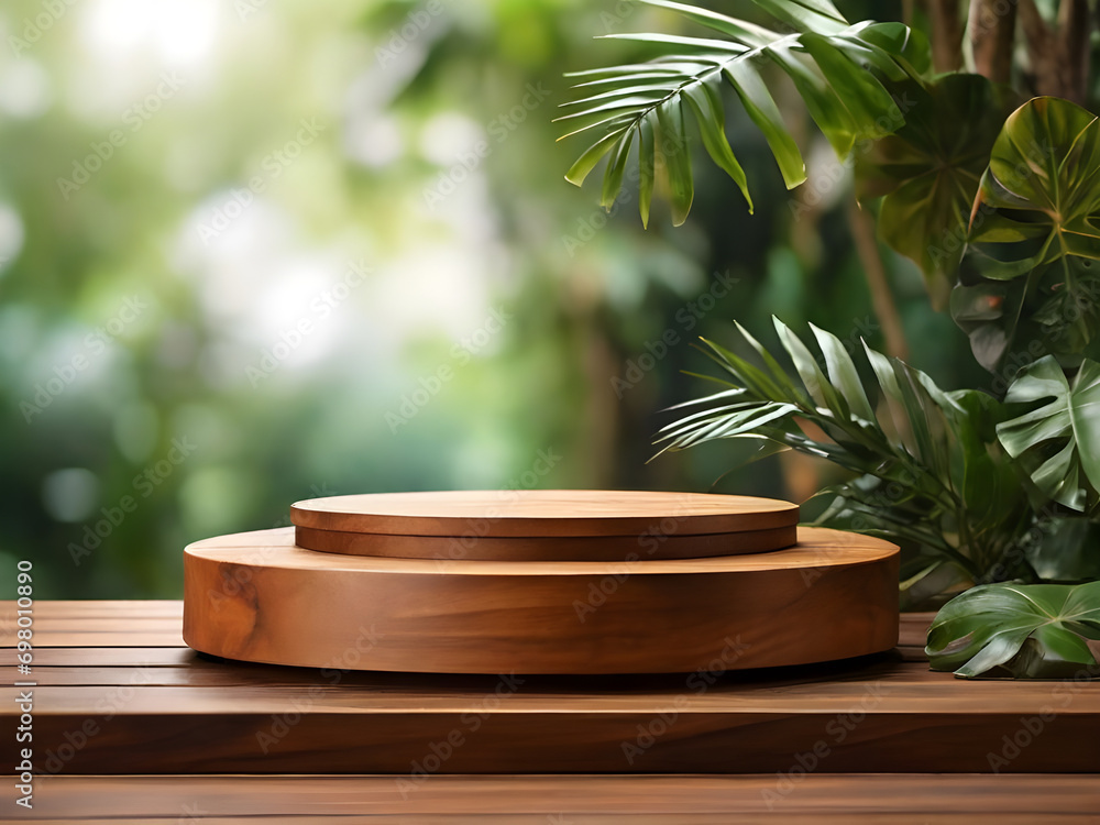 Wooden small podium with tropical leaves on blurred and closeup background Wooden small podium with tropical leaves on blurred and closeup background