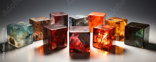 Many colored cubes from crystal or glass. Cub in diferrent colors. photo