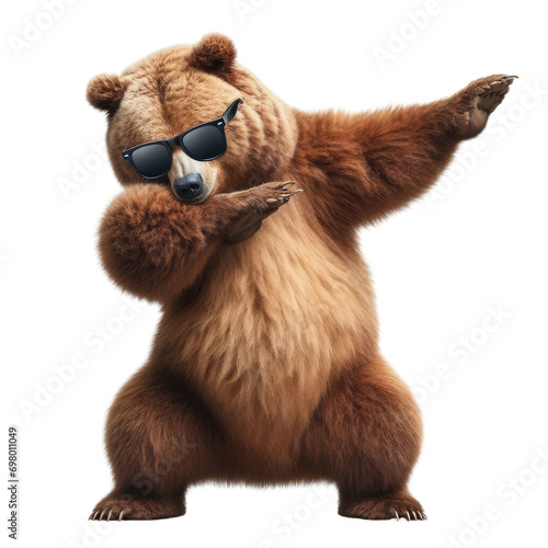Grizzly bear wearing a sunglasses and doing the Dab dance. photo