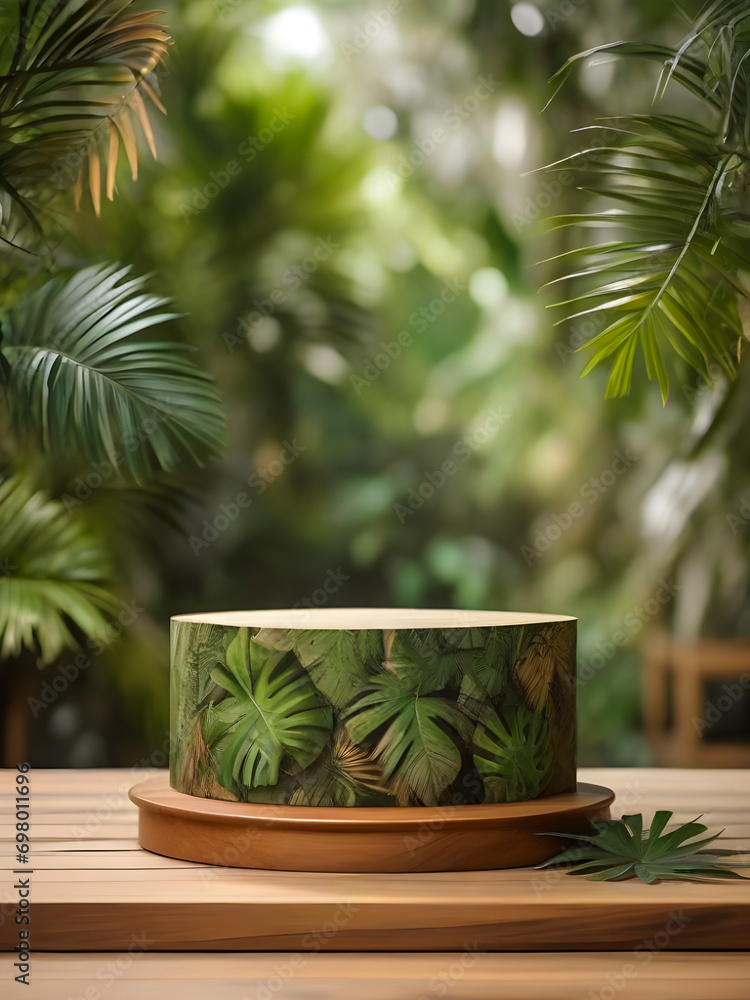 Obraz premium Wooden small podium with tropical leaves on blurred and closeup background 