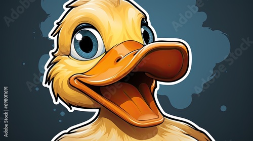 Yellow smiling duck, sticker on a blue background, mass culture concept aimed at entertainment, means of popularization and commercial promotion, mass culture concept