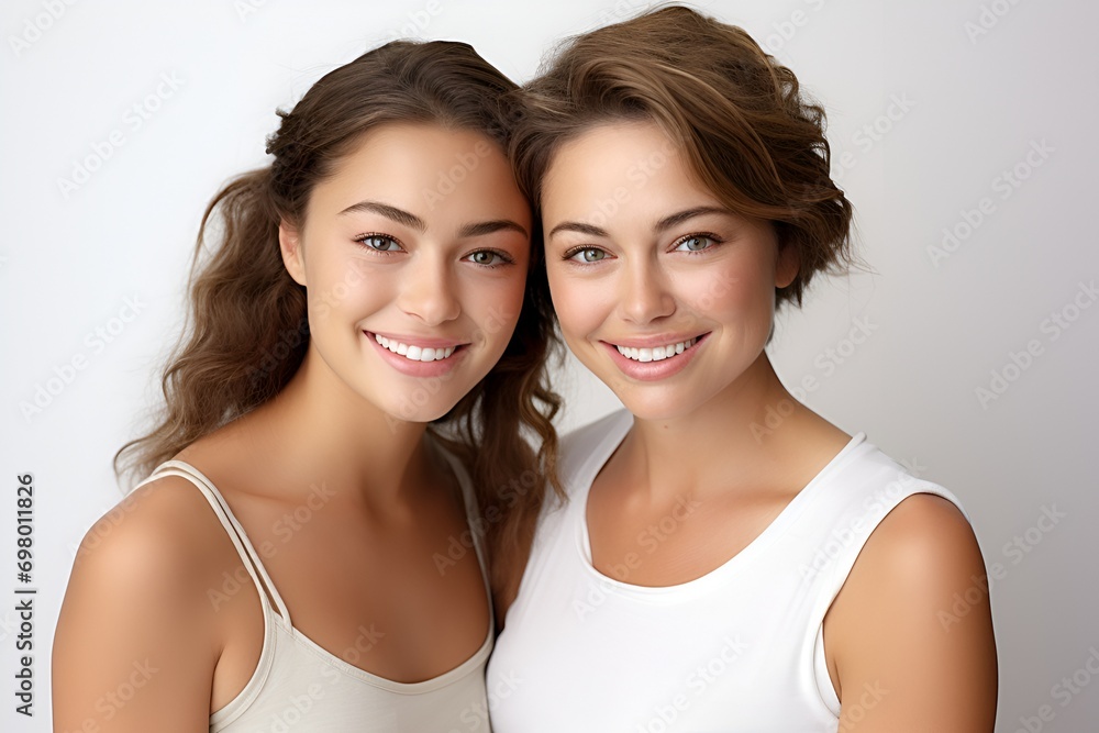 Two beautiful women mother and daughter together on a white background generated AI Two beautiful women mother and daughter together on a white background generated AI